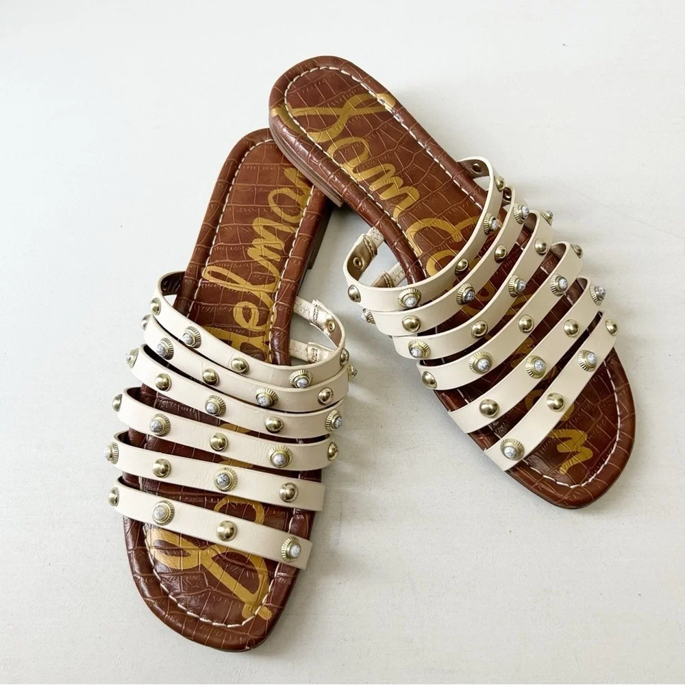 Sam Edelman Brea Sandal Studded Leather Flat Slides Modern Ivory Size 7.5 - Picture 13 of 13